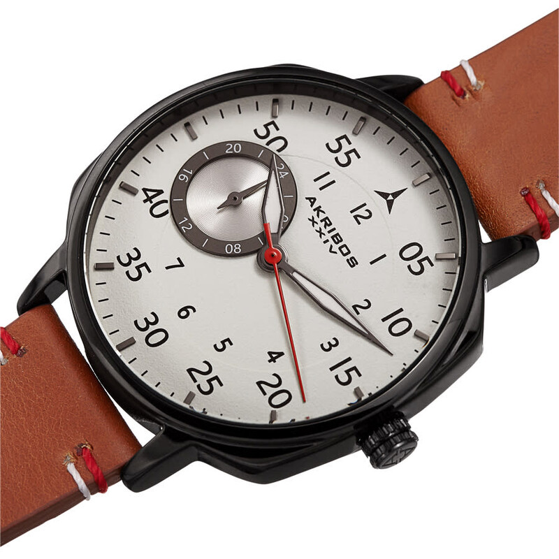 Akribos XXIV Ion Plated Black Tone Case, Full Luminous Dial, on a Brown Leather Strap with Contrast Stitch Feature