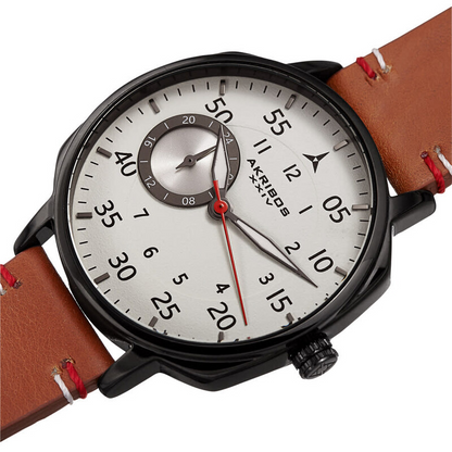 Akribos XXIV Ion Plated Black Tone Case, Full Luminous Dial, on a Brown Leather Strap with Contrast Stitch Feature