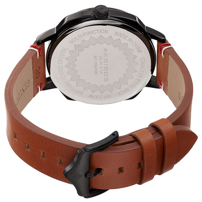 Akribos XXIV Ion Plated Black Tone Case, Full Luminous Dial, on a Brown Leather Strap with Contrast Stitch Feature