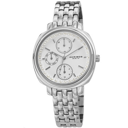 Akribos XXIV Ion Plated Silver Tone Cushion Case, White Dial with Multifunction Movement and Faux Pearls, on a Silver Tone Link Bracelet