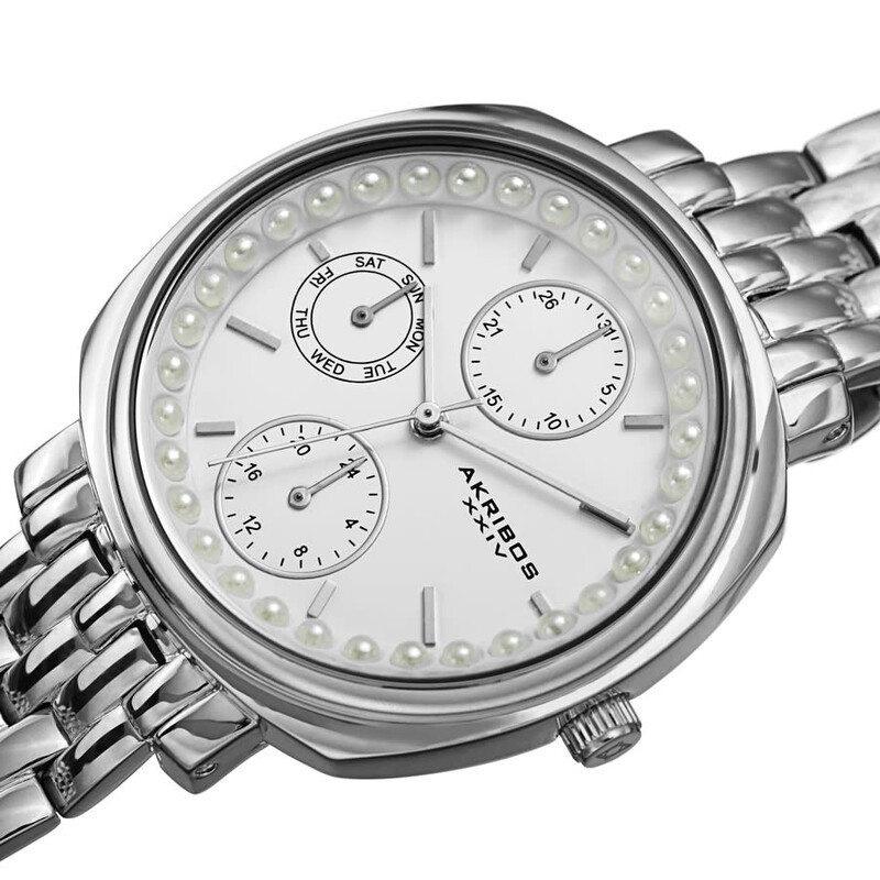 Akribos XXIV Ion Plated Silver Tone Cushion Case, White Dial with Multifunction Movement and Faux Pearls, on a Silver Tone Link Bracelet