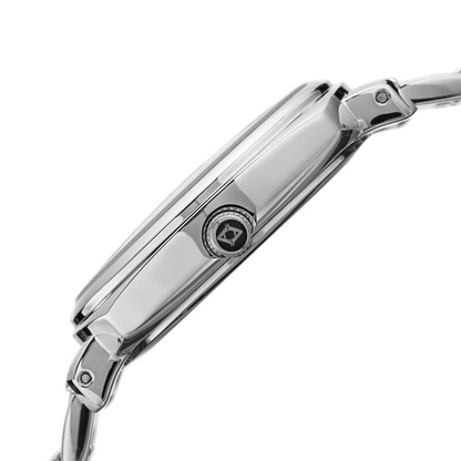 Akribos XXIV Ion Plated Silver Tone Cushion Case, White Dial with Multifunction Movement and Faux Pearls, on a Silver Tone Link Bracelet
