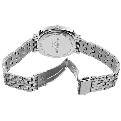 Akribos XXIV Ion Plated Silver Tone Cushion Case, White Dial with Multifunction Movement and Faux Pearls, on a Silver Tone Link Bracelet