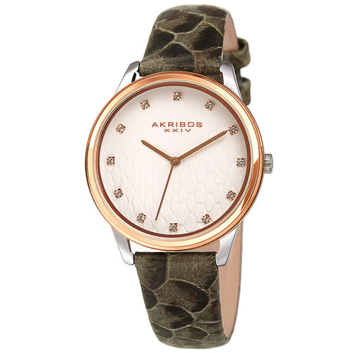 Akribos XXIV Two Tone Rose Gold and Silver Ion Plated Case, Grey Python Pattern Embossed Dial with Swarovski Crystal markers, on a Charcoal Python Embossed Leather Strap