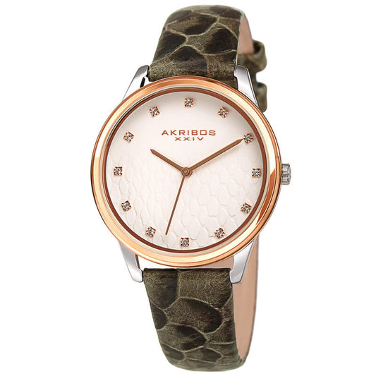 Akribos XXIV Two Tone Rose Gold and Silver Ion Plated Case, Grey Python Pattern Embossed Dial with Swarovski Crystal markers, on a Charcoal Python Embossed Leather Strap