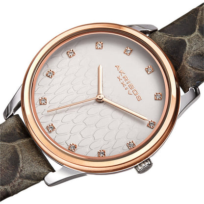 Akribos XXIV Two Tone Rose Gold and Silver Ion Plated Case, Grey Python Pattern Embossed Dial with Swarovski Crystal markers, on a Charcoal Python Embossed Leather Strap