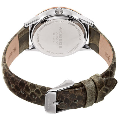 Akribos XXIV Two Tone Rose Gold and Silver Ion Plated Case, Grey Python Pattern Embossed Dial with Swarovski Crystal markers, on a Charcoal Python Embossed Leather Strap