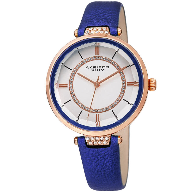 Akribos XXIV Ion Plated Rose Gold Tone Case with Swarovski Crystals, White Dial with Swarovski Crystals, on a Blue Metallic Textured Leather Strap