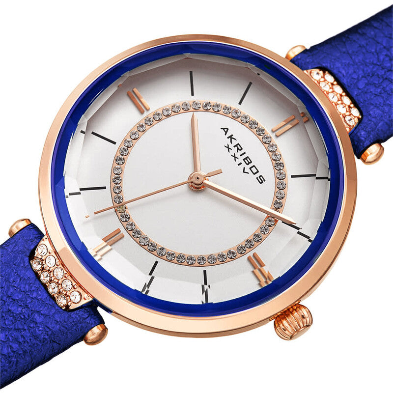 Akribos XXIV Ion Plated Rose Gold Tone Case with Swarovski Crystals, White Dial with Swarovski Crystals, on a Blue Metallic Textured Leather Strap