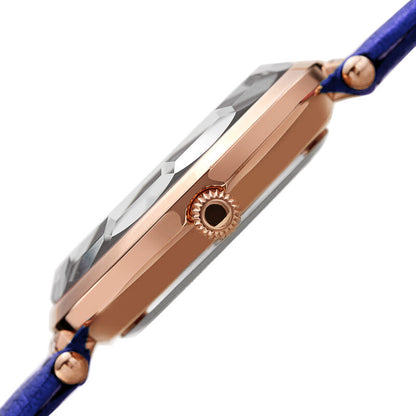 Akribos XXIV Ion Plated Rose Gold Tone Case with Swarovski Crystals, White Dial with Swarovski Crystals, on a Blue Metallic Textured Leather Strap