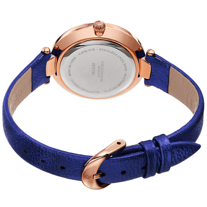 Akribos XXIV Ion Plated Rose Gold Tone Case with Swarovski Crystals, White Dial with Swarovski Crystals, on a Blue Metallic Textured Leather Strap