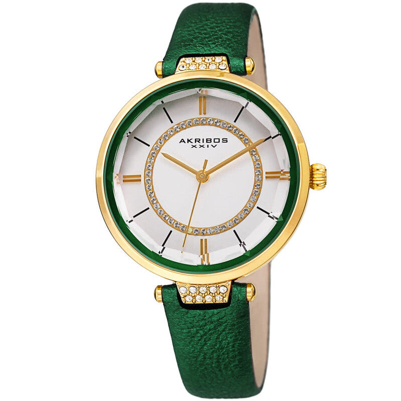 Akribos XXIV Ion Plated Gold Tone Case with Swarovski Crystals, White Dial with Swarovski Crystals, on a Green Metallic Textured Leather Strap