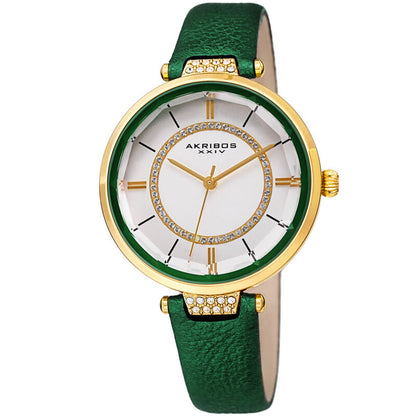 Akribos XXIV Ion Plated Gold Tone Case with Swarovski Crystals, White Dial with Swarovski Crystals, on a Green Metallic Textured Leather Strap