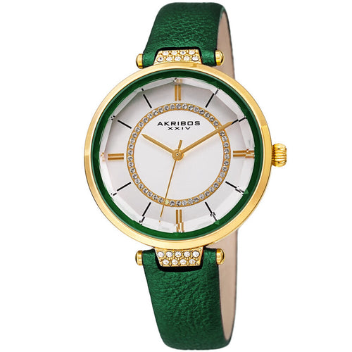 Akribos XXIV Ion Plated Gold Tone Case with Swarovski Crystals, White Dial with Swarovski Crystals, on a Green Metallic Textured Leather Strap