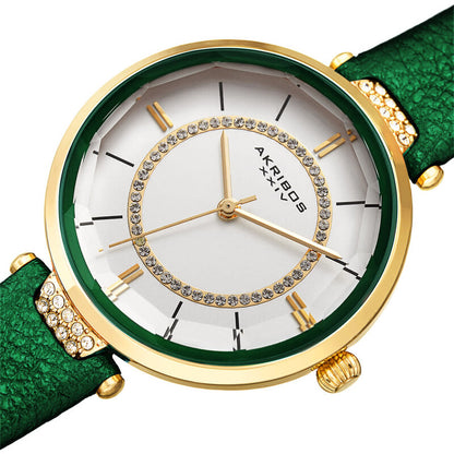 Akribos XXIV Ion Plated Gold Tone Case with Swarovski Crystals, White Dial with Swarovski Crystals, on a Green Metallic Textured Leather Strap
