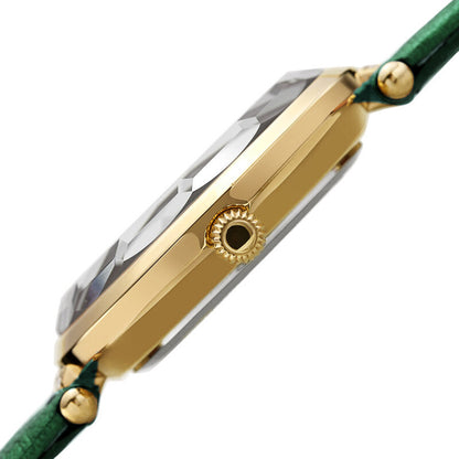 Akribos XXIV Ion Plated Gold Tone Case with Swarovski Crystals, White Dial with Swarovski Crystals, on a Green Metallic Textured Leather Strap