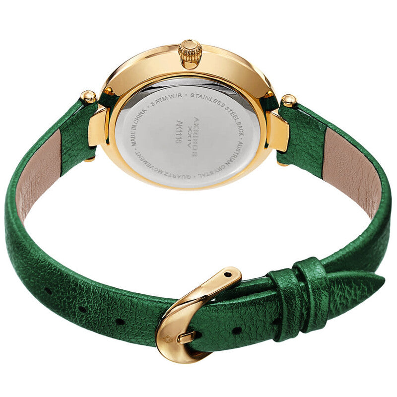 Akribos XXIV Ion Plated Gold Tone Case with Swarovski Crystals, White Dial with Swarovski Crystals, on a Green Metallic Textured Leather Strap