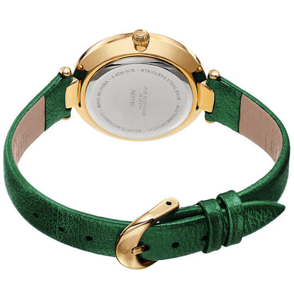 Akribos XXIV Ion Plated Gold Tone Case with Swarovski Crystals, White Dial with Swarovski Crystals, on a Green Metallic Textured Leather Strap