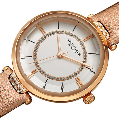 Akribos XXIV Ion Plated Rose Gold Tone Case with Swarovski Crystals, White Dial with Swarovski Crystals, on a Pink Metallic Textured Leather Strap