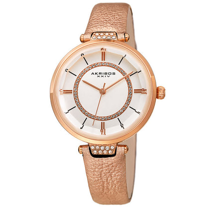 Akribos XXIV Ion Plated Rose Gold Tone Case with Swarovski Crystals, White Dial with Swarovski Crystals, on a Pink Metallic Textured Leather Strap
