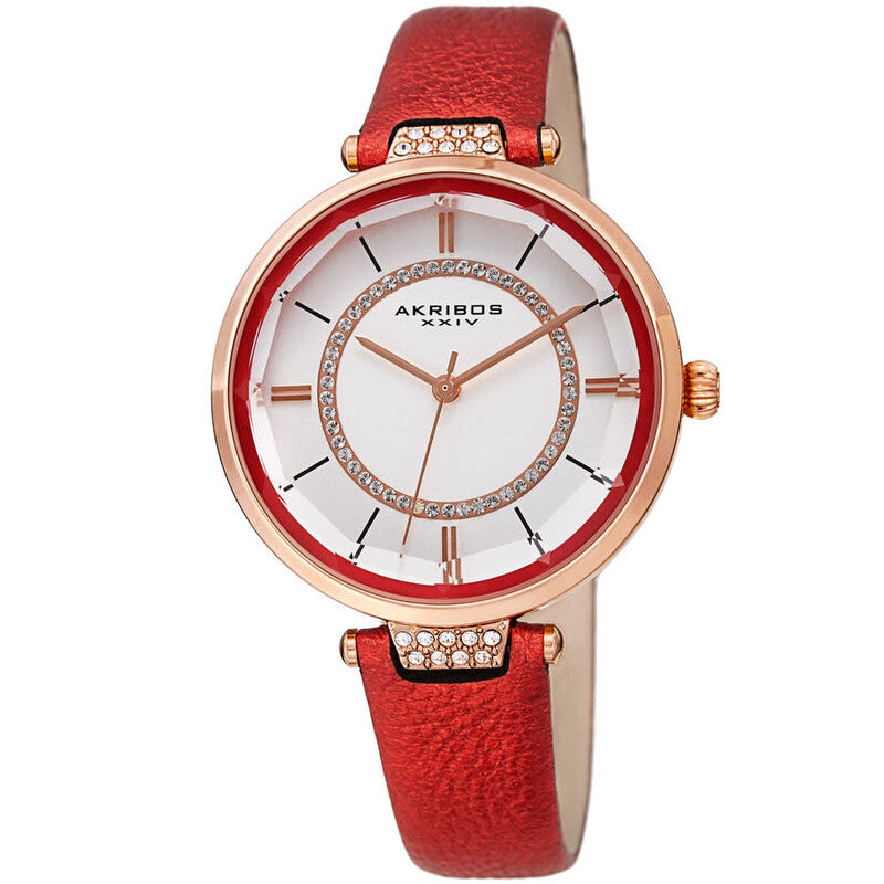 Akribos XXIV Ion Plated Rose Gold Tone Case with Swarovski Crystals, White Dial with Swarovski Crystals, on a Red Metallic Textured Leather Strap