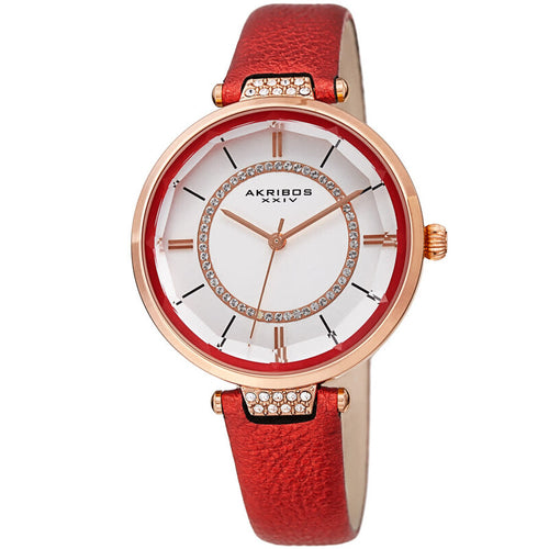 Akribos XXIV Ion Plated Rose Gold Tone Case with Swarovski Crystals, White Dial with Swarovski Crystals, on a Red Metallic Textured Leather Strap
