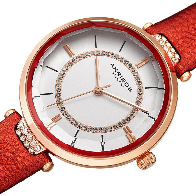 Akribos XXIV Ion Plated Rose Gold Tone Case with Swarovski Crystals, White Dial with Swarovski Crystals, on a Red Metallic Textured Leather Strap