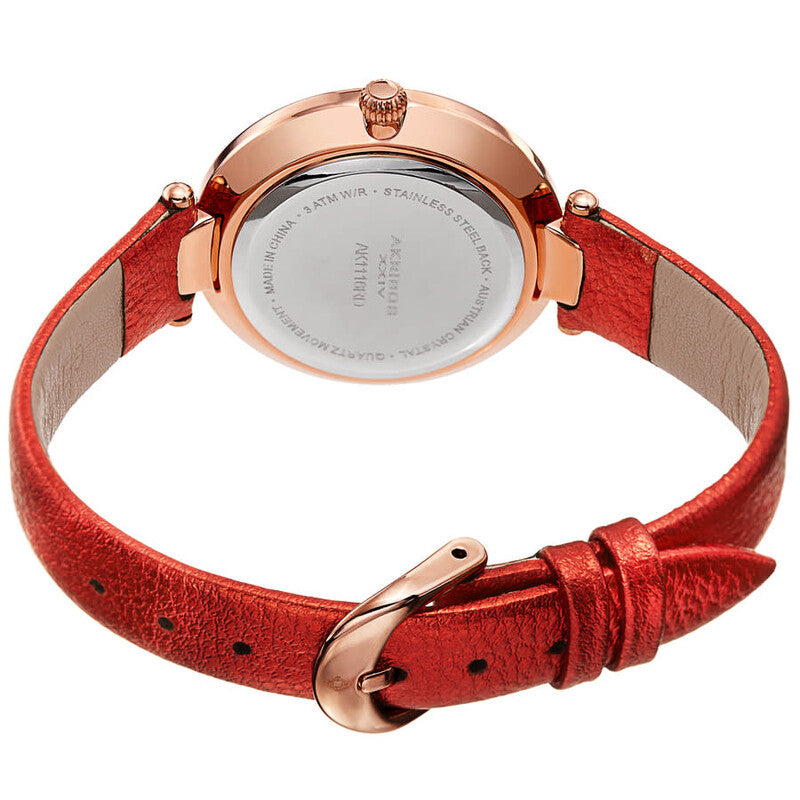 Akribos XXIV Ion Plated Rose Gold Tone Case with Swarovski Crystals, White Dial with Swarovski Crystals, on a Red Metallic Textured Leather Strap