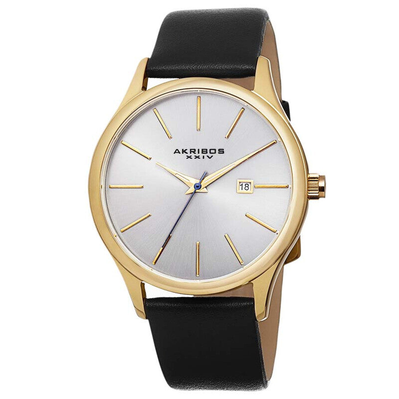 Akribos XXIV Yellow Gold Ion Plated Stainless Steel Case on Black Strap, Silver Dial with Gold Tone Hands