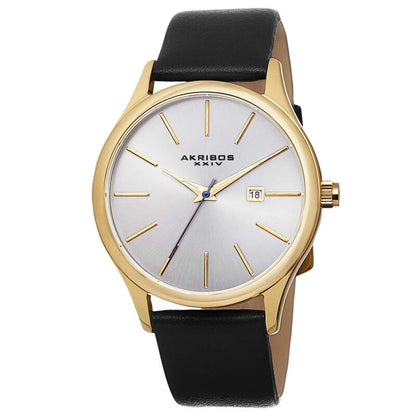 Akribos XXIV Yellow Gold Ion Plated Stainless Steel Case on Black Strap, Silver Dial with Gold Tone Hands