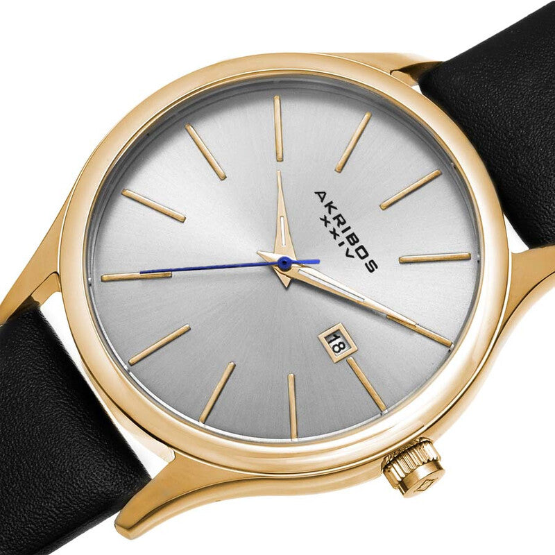 Akribos XXIV Yellow Gold Ion Plated Stainless Steel Case on Black Strap, Silver Dial with Gold Tone Hands
