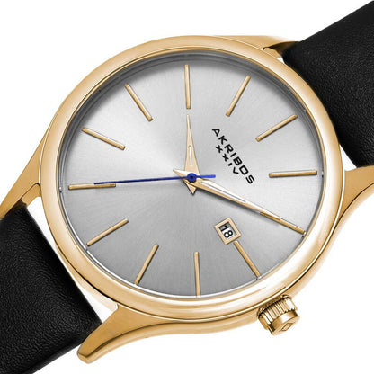 Akribos XXIV Yellow Gold Ion Plated Stainless Steel Case on Black Strap, Silver Dial with Gold Tone Hands