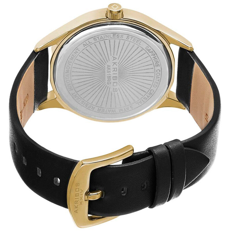 Akribos XXIV Yellow Gold Ion Plated Stainless Steel Case on Black Strap, Silver Dial with Gold Tone Hands