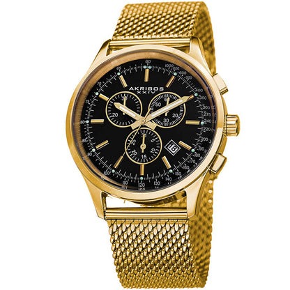 Akribos XXIV Yellow Gold Ion Plated Stainless Steel Case on Gold Bracelet, Black Dial with Gold Tone Hands