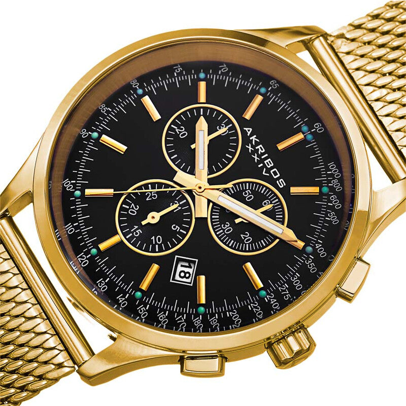 Akribos XXIV Yellow Gold Ion Plated Stainless Steel Case on Gold Bracelet, Black Dial with Gold Tone Hands