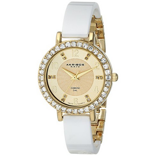 Akribos XXIV Yellow Gold Flashed Alloy Case on White and Gold Bangle, Gold Dial with Gold Tone Hands