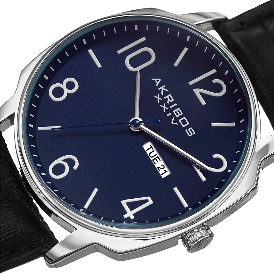 Akribos XXIV Silver Ion Plated Alloy Case on Black Strap, Black Dial with Silver Tone Hands