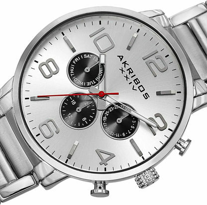 Akribos XXIV Silver Ion Plated Alloy Case on Silver Bracelet, Silver Dial with Silver Tone Hands