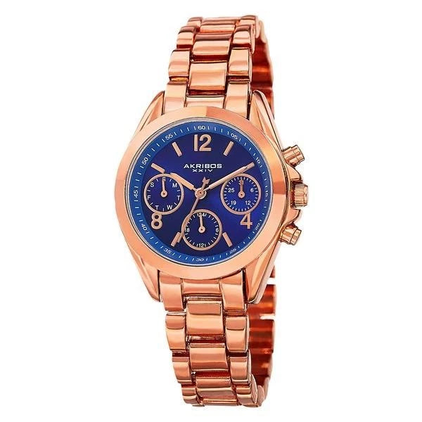 Akribos XXIV Rose Gold Flashed Alloy Case on Rose Gold Bracelet, Royal Blue Dial with Rose Gold Tone Hands