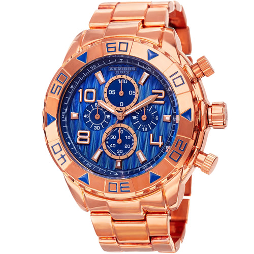 Akribos XXIV Rose Gold Ion Plated Alloy Case on Rose Gold Bracelet, Blue Dial with Rose Gold Tone Hands