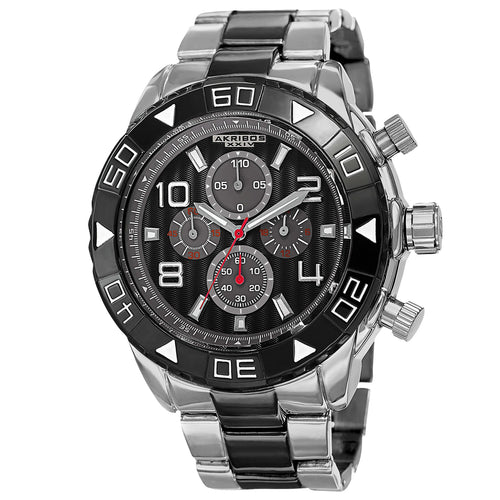 Akribos XXIV Silver and Black Ion Plated Alloy Case on Silver and Black Bracelet, Black Dial with Black Hands