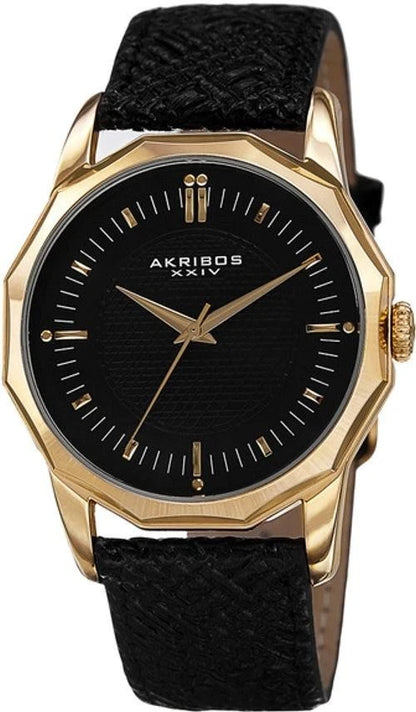 Akribos XXIV Gold Tone Case on Black Strap, Black  Dial with Gold Tone Hands