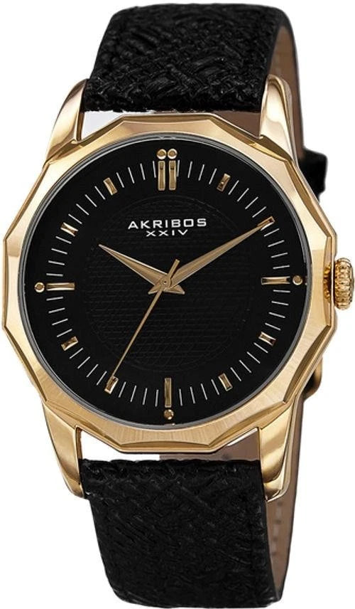 Akribos XXIV Gold Tone Case on Black Strap, Black  Dial with Gold Tone Hands
