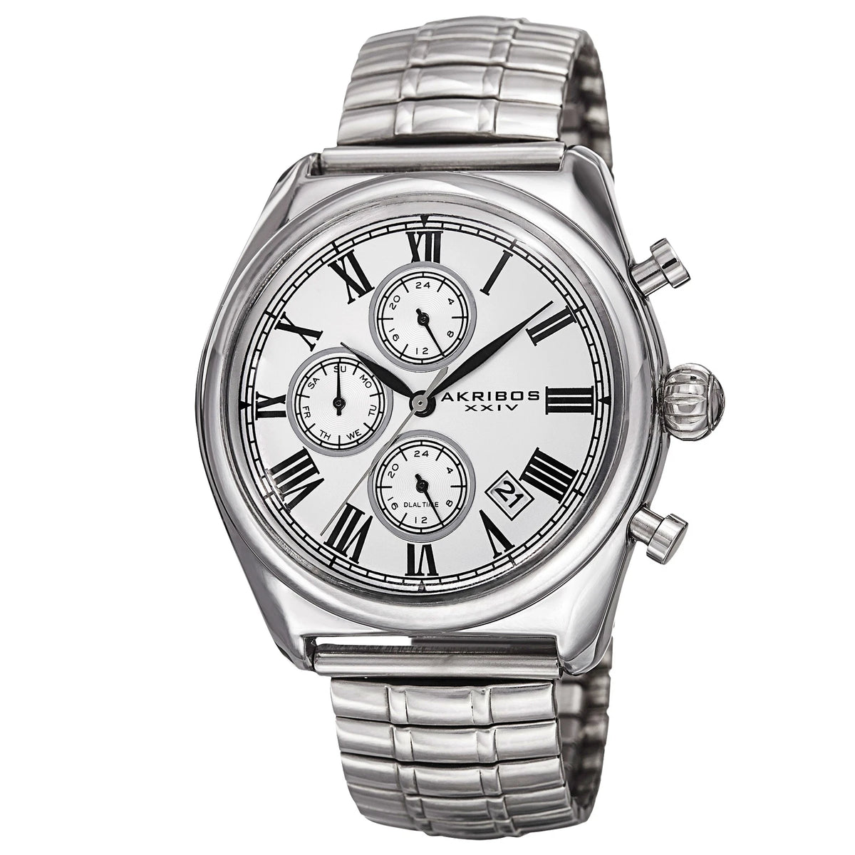 Akribos XXIV Silver Ion Plated Alloy Case on Silver Bracelet, Silver Dial with Black and Silver Tone Hands
