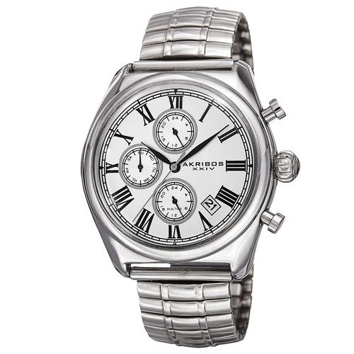 Akribos XXIV Silver Ion Plated Alloy Case on Silver Bracelet, Silver Dial with Black and Silver Tone Hands