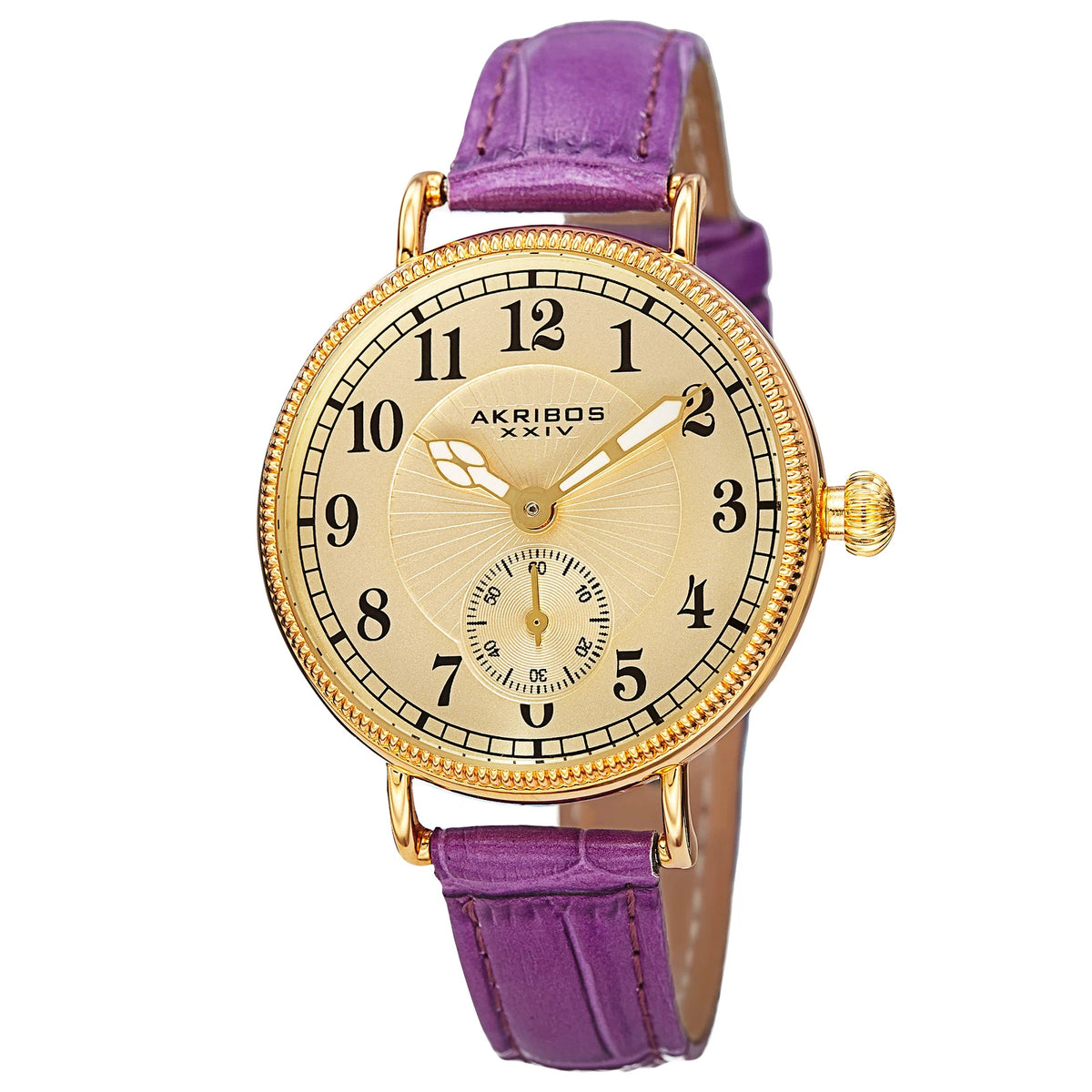 Akribos XXIV Yellow Gold Tone Alloy Case on Purple Strap, Yellow Gold Dial with Gold Tone Hands
