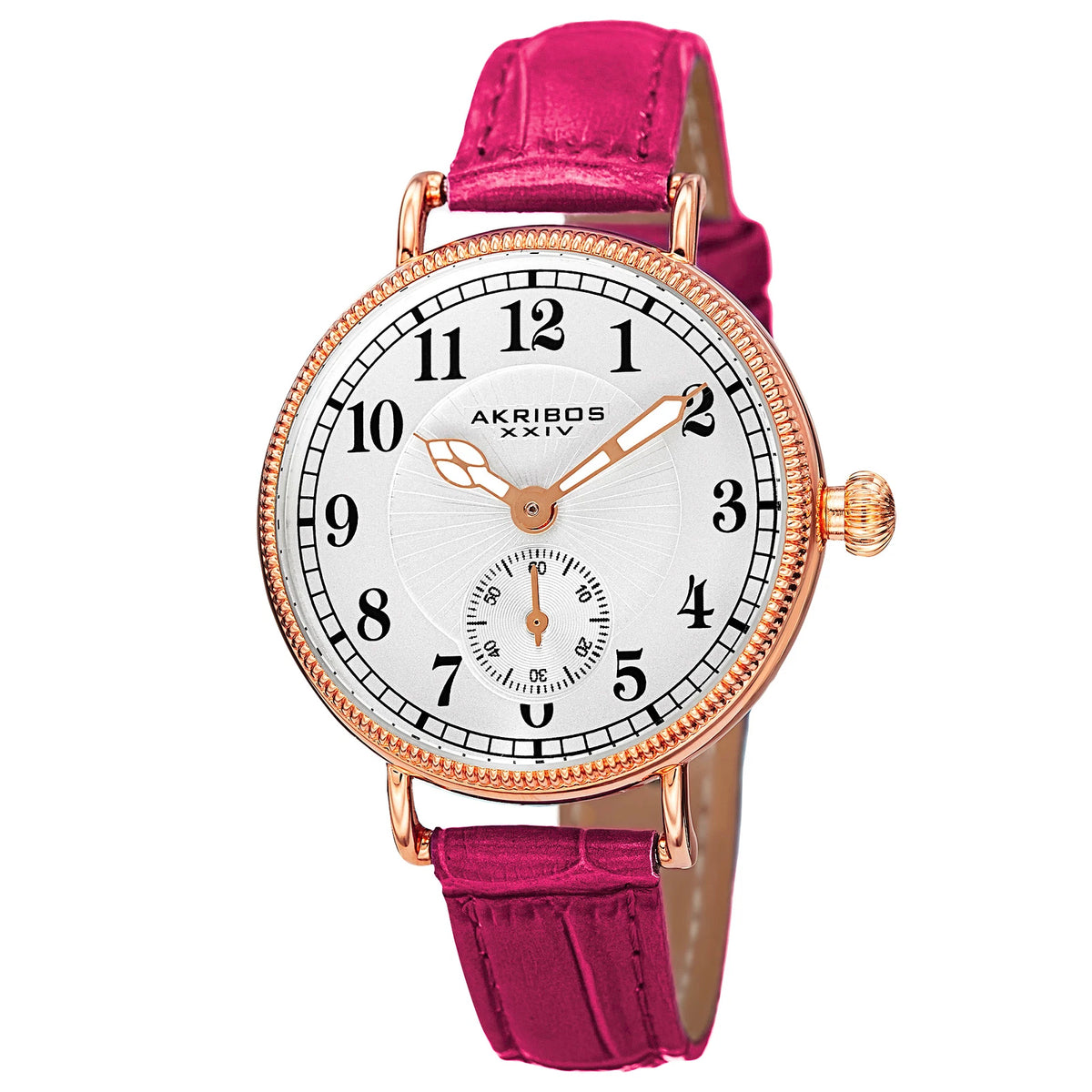 Akribos XXIV Rose Gold Tone Alloy Case on Fuchsia Strap, Silver Dial with Rose Gold Tone Hands