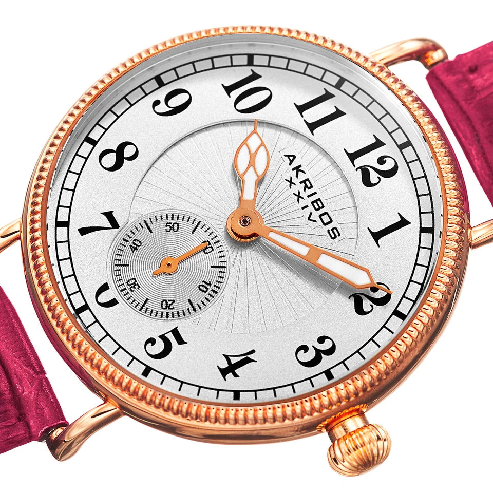 Akribos XXIV Rose Gold Tone Alloy Case on Fuchsia Strap, Silver Dial with Rose Gold Tone Hands