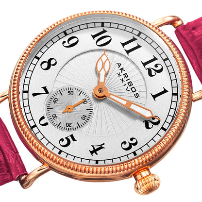 Akribos XXIV Rose Gold Tone Alloy Case on Fuchsia Strap, Silver Dial with Rose Gold Tone Hands