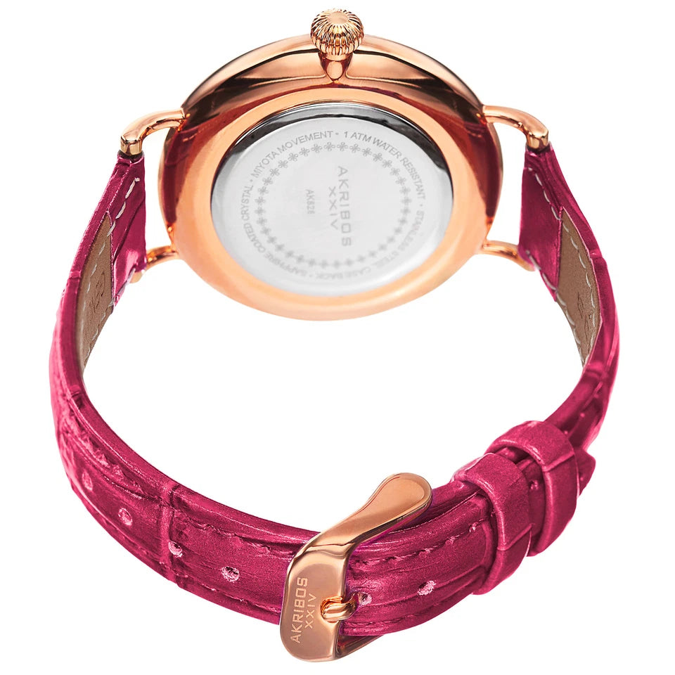 Akribos XXIV Rose Gold Tone Alloy Case on Fuchsia Strap, Silver Dial with Rose Gold Tone Hands